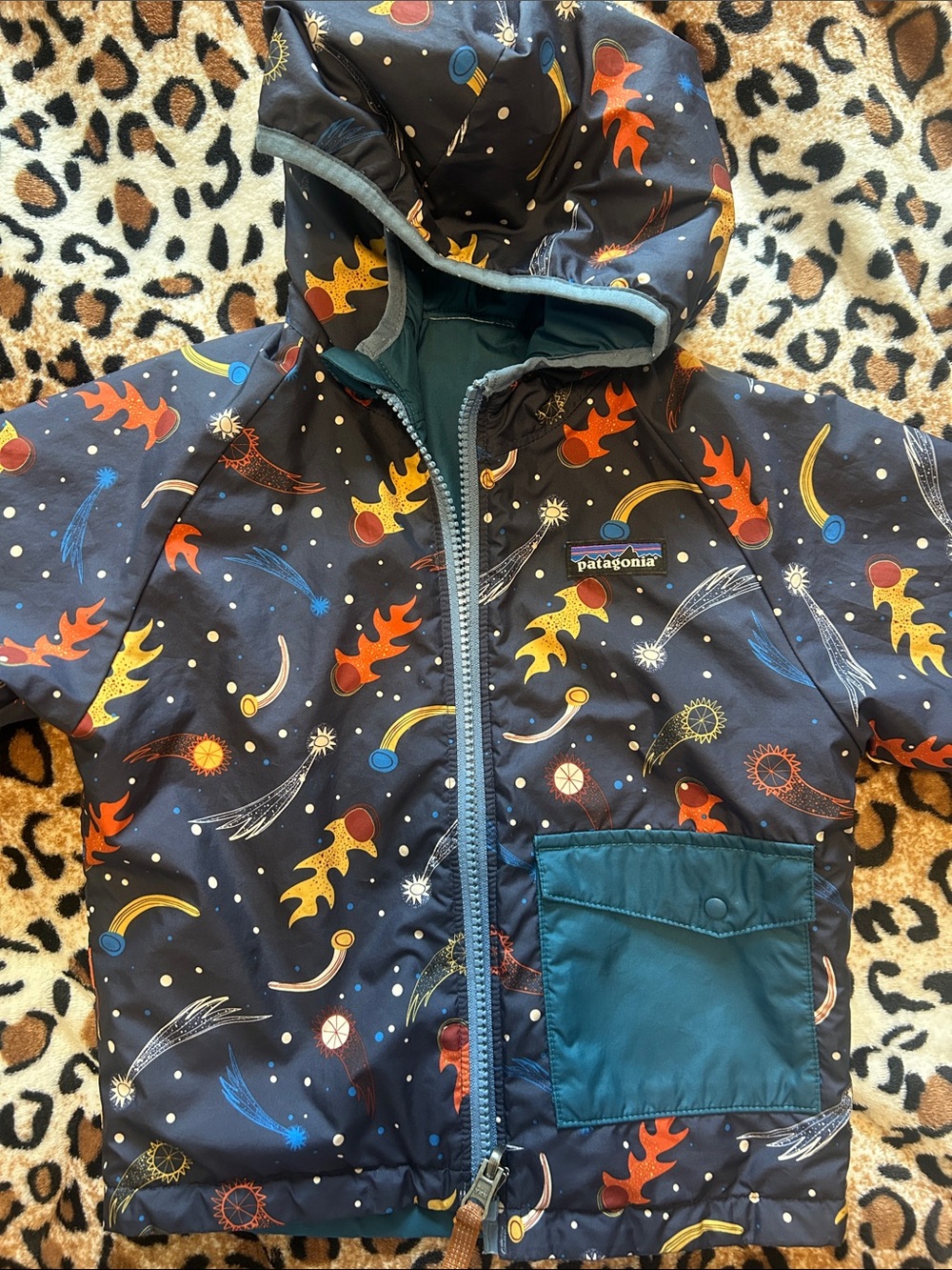 Patagonia Teal Kids Hooded Puffer Jacket with Space Pocket Panels